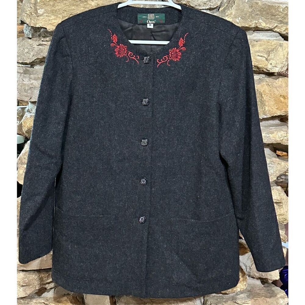 Vintage Orvis Women’s Wool Jacket Sz Medium Embroidered Red Floral Neckline Gray